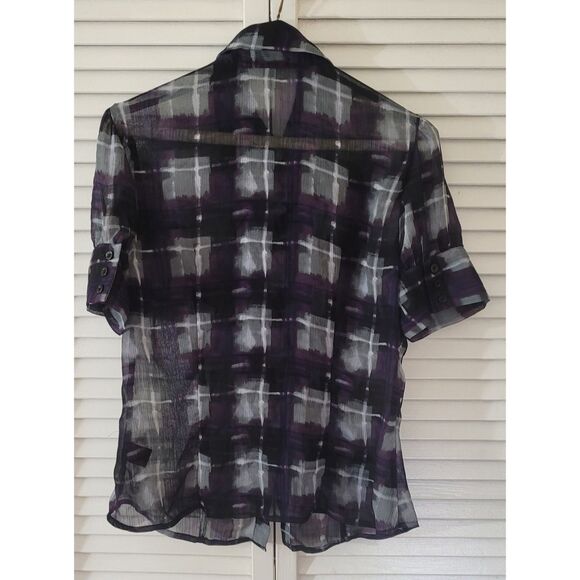 Sele Plaid Semi-Sheer Top Women Purple Black and White Shirt Ruffles Size L - Picture 2 of 5